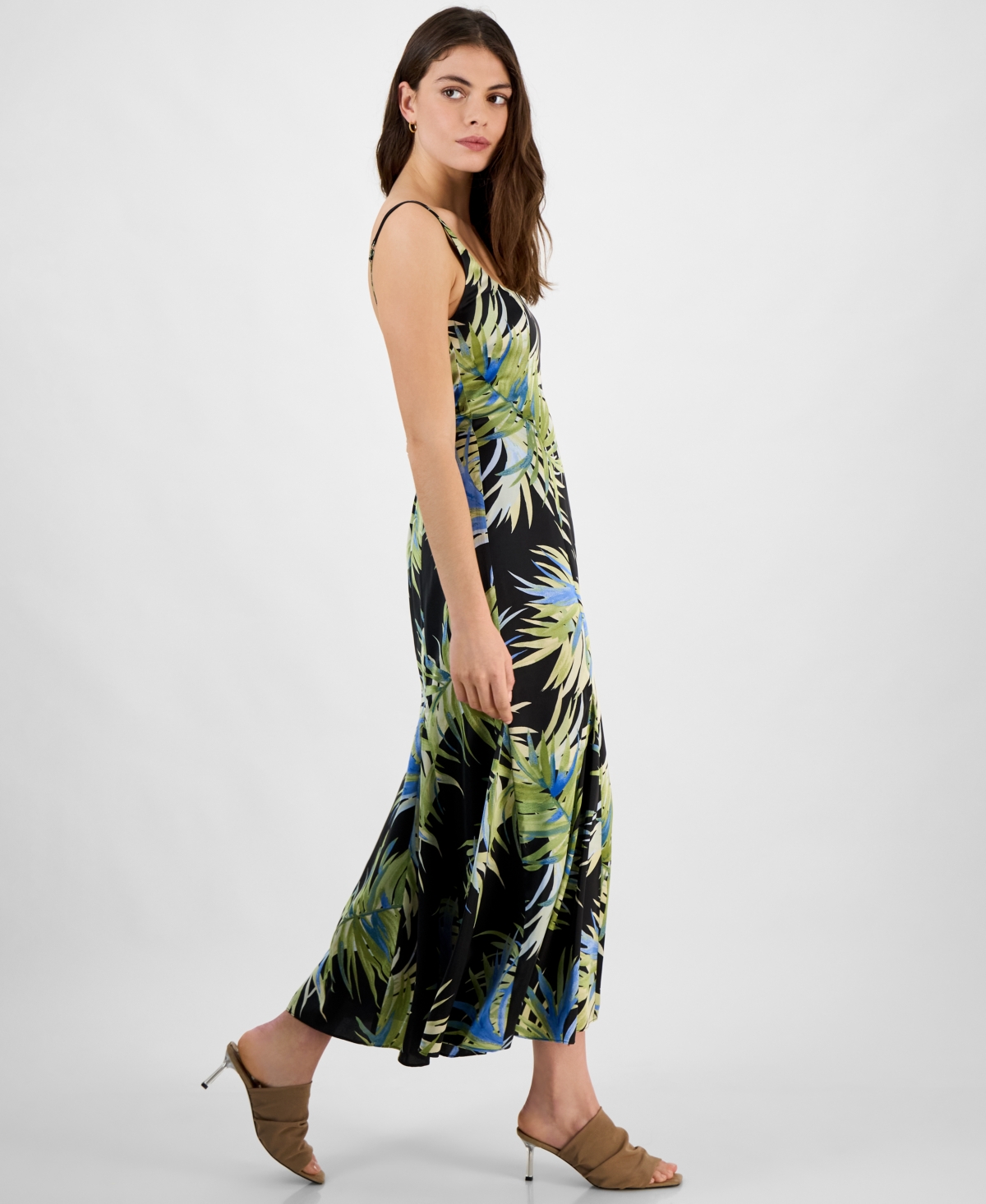 BAR III WOMEN'S PALM-PRINT SATIN MIDI DRESS, EXCLUSIVELY AT MACY'S 