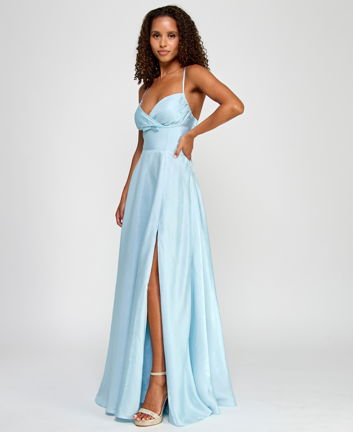 B Darlin Juniors' Satin Pleated-bodice Surplice Gown, Created For Macy's In Light Blue