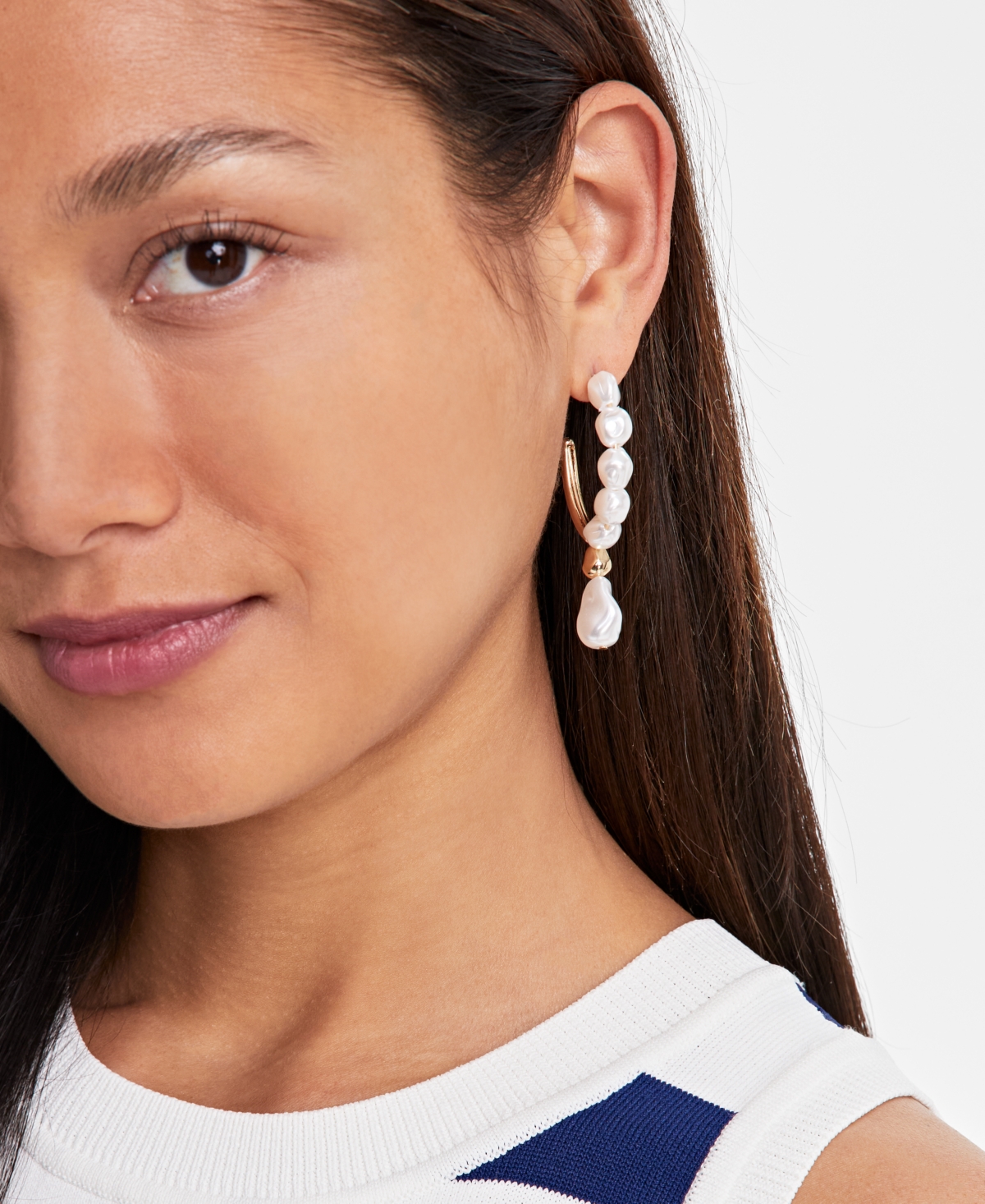 On 34th Gold-tone Imitation Pearl Charm Hoop Earrings, Exclusively At Macy's In Gold