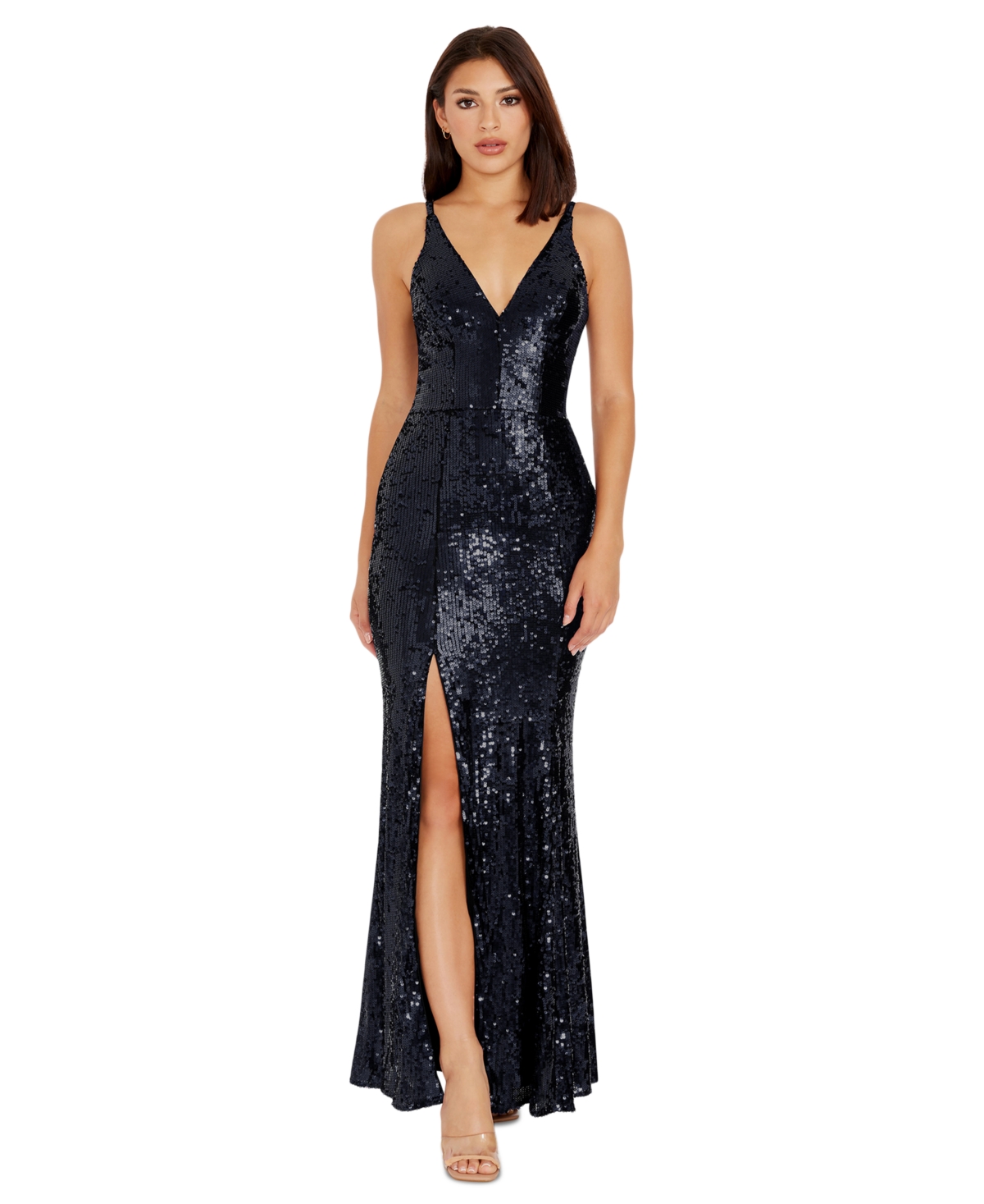 Shop Dress The Population Women's Iris Sequined Side-slit Gown In Midnight Blue