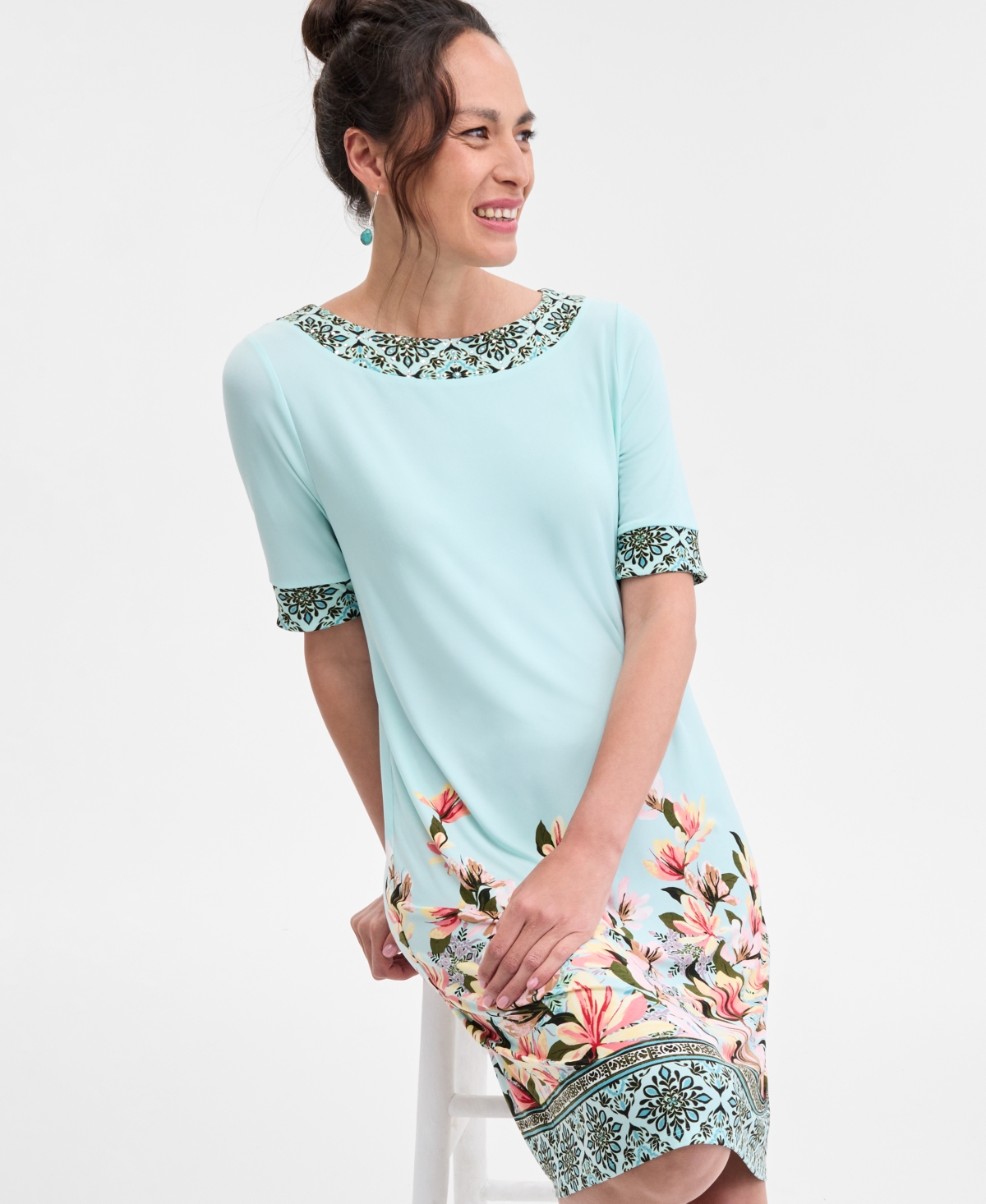 JM COLLECTION WOMEN'S PRINTED ELBOW SLEEVE DRESS, EXCLUSIVELY AT MACY'S 
