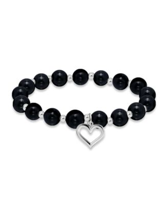 Silver-Plated Beaded Heart Charm Stretch Bracelet