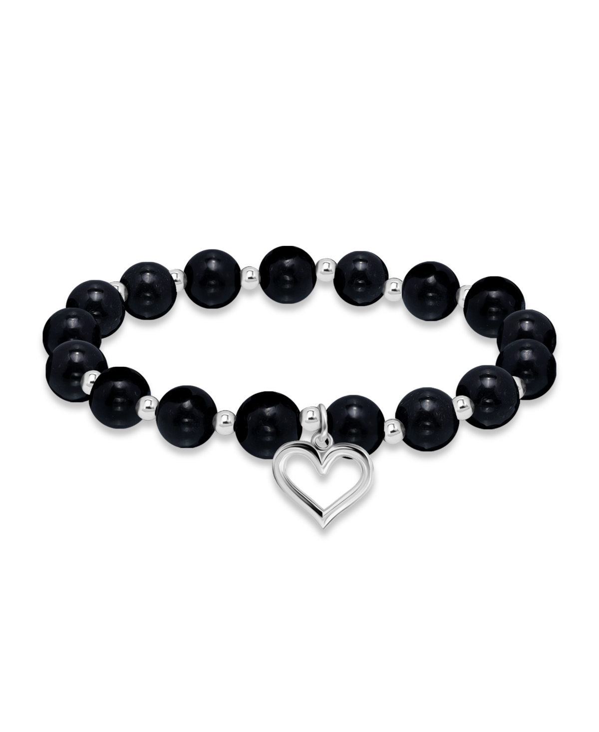 Macy's Silver Plated Beaded Heart Charm Stretch Bracelet In Onyx,silver