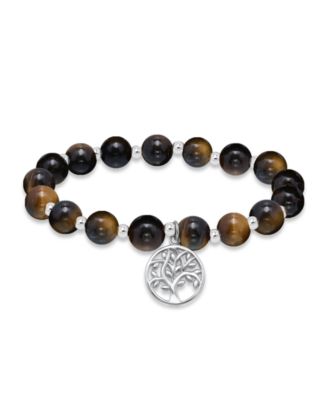 Silver-Plated Beaded Tree of Life Charm Stretch Bracelet