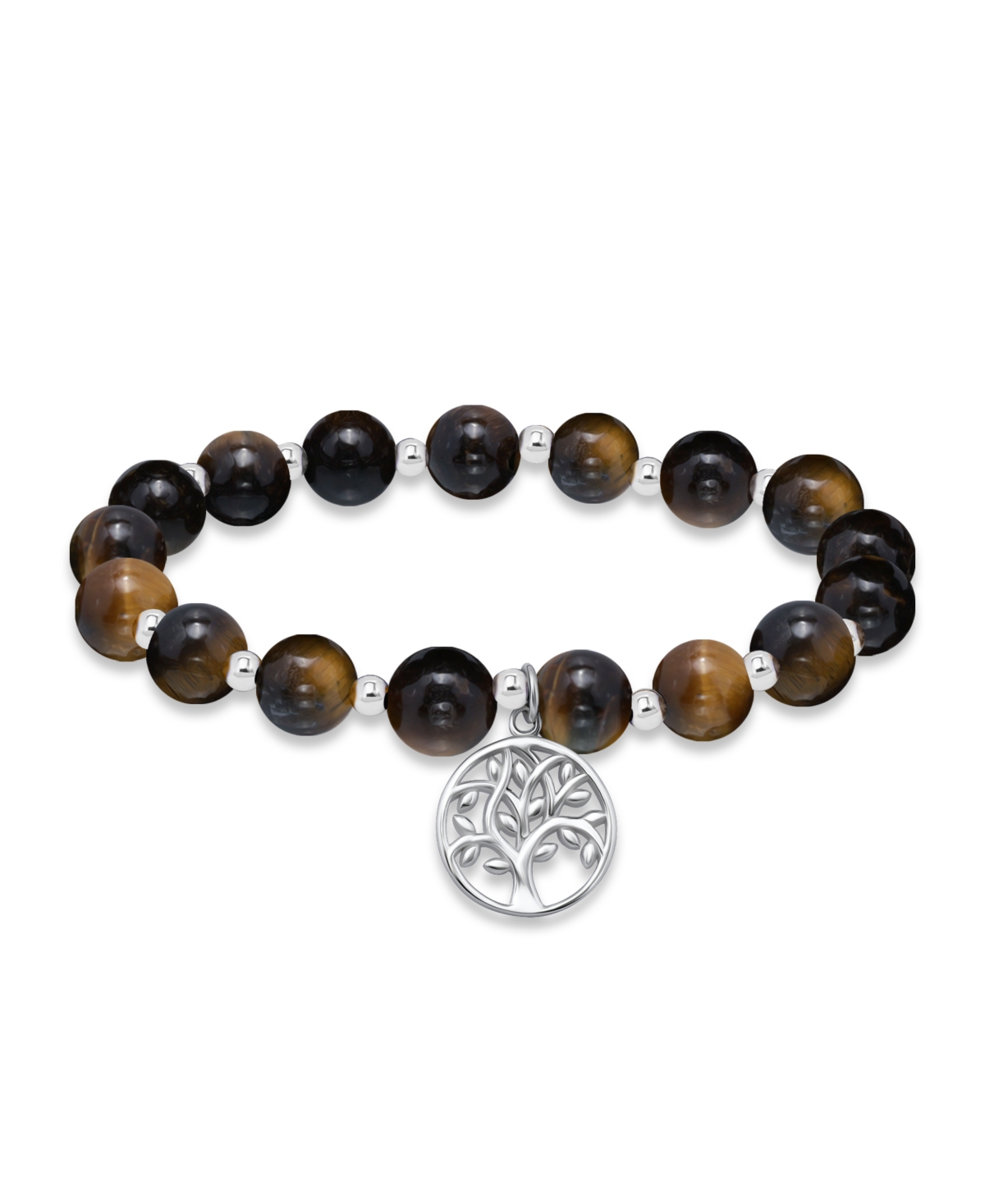 Macy's Silver Plated Beaded Tree Of Life Charm Stretch Bracelet In Tigers Eye,silver