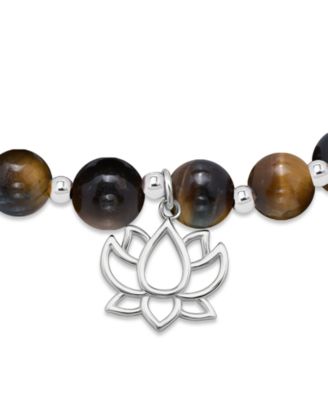 Silver-Plated Beaded Lotus Charm Stretch Bracelet