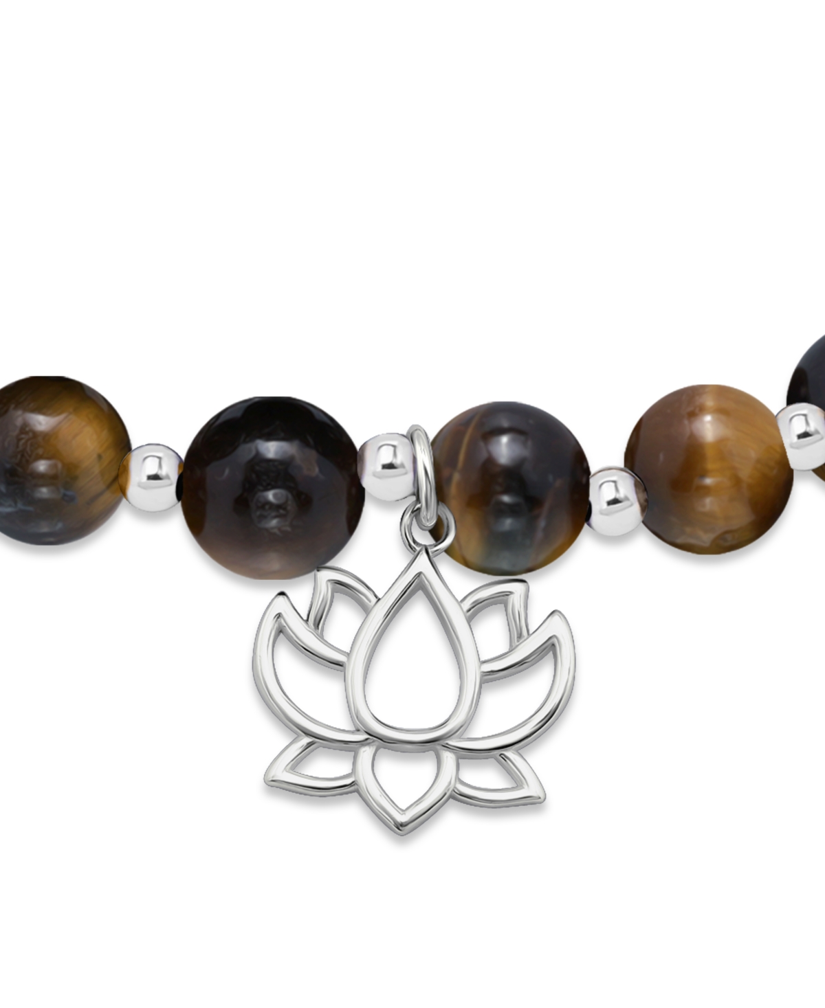 Macy's Silver Plated Beaded Lotus Charm Stretch Bracelet In Tigers Eye,silver