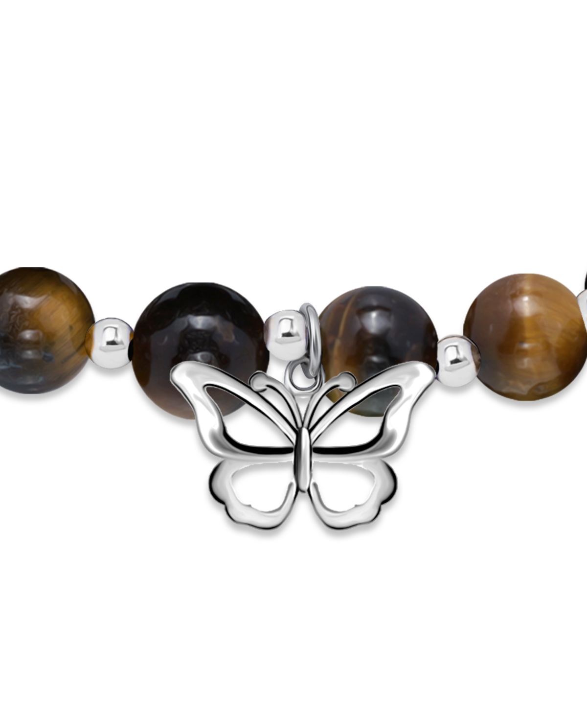 Macy's Silver Plated Beaded Butterfly Charm Stretch Bracelet In Tigers Eye,silver
