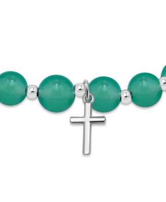 Silver-Plated Beaded Cross Charm Stretch Bracelet