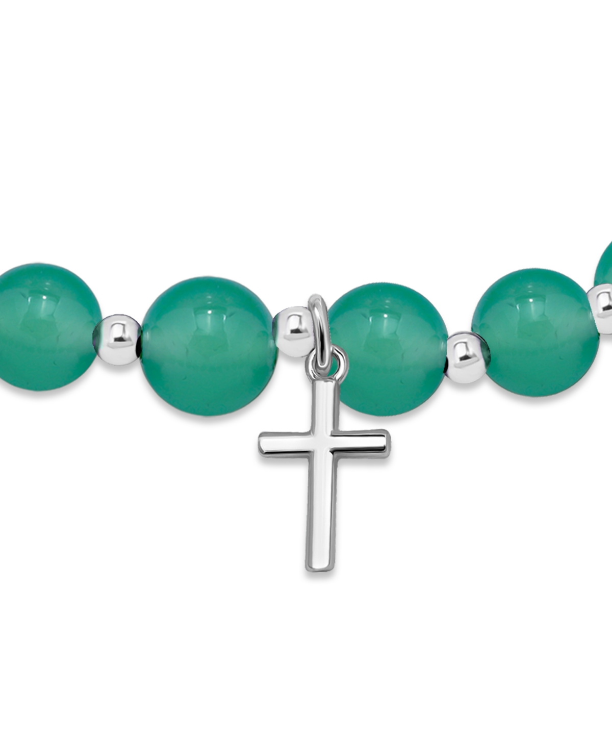 Macy's Silver Plated Beaded Cross Charm Stretch Bracelet In Green Agate,silver