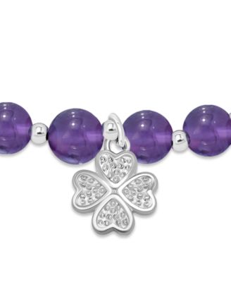 Silver-Plated Beaded Clover Charm Stretch Bracelet