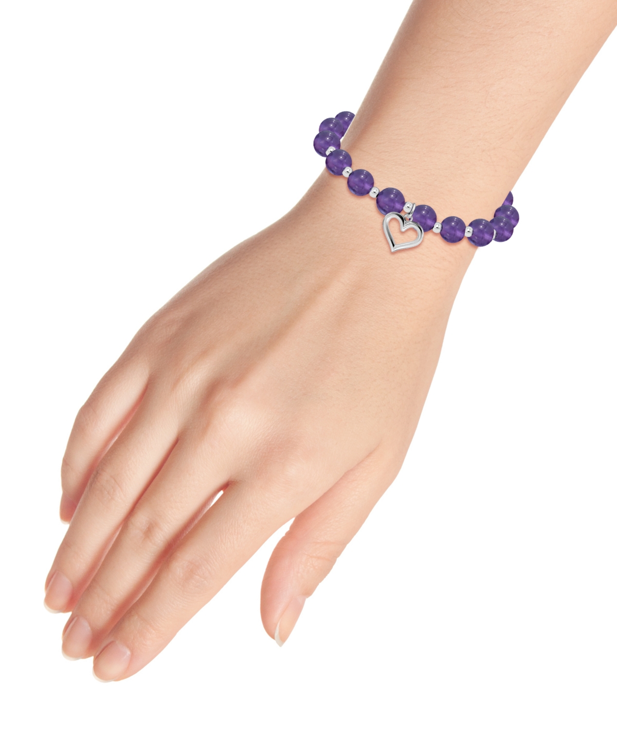 Macy's Silver Plated Beaded Heart Charm Stretch Bracelet In Amethyst,silver