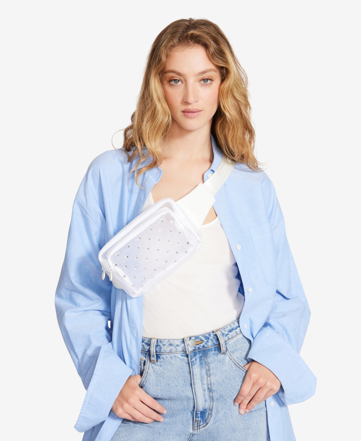 Steve Madden Rhinestone Mesh Fanny Pack In White