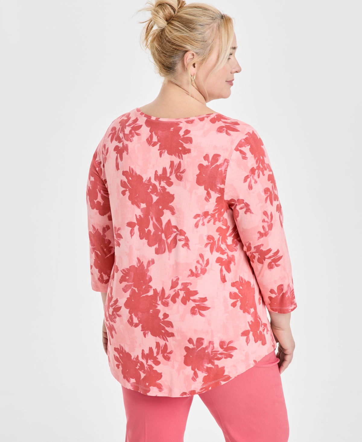 Jm Collection Plus Size Scoop-neck 3/4-sleeve Top, Exclusively At Macy's In Pink Crystal
