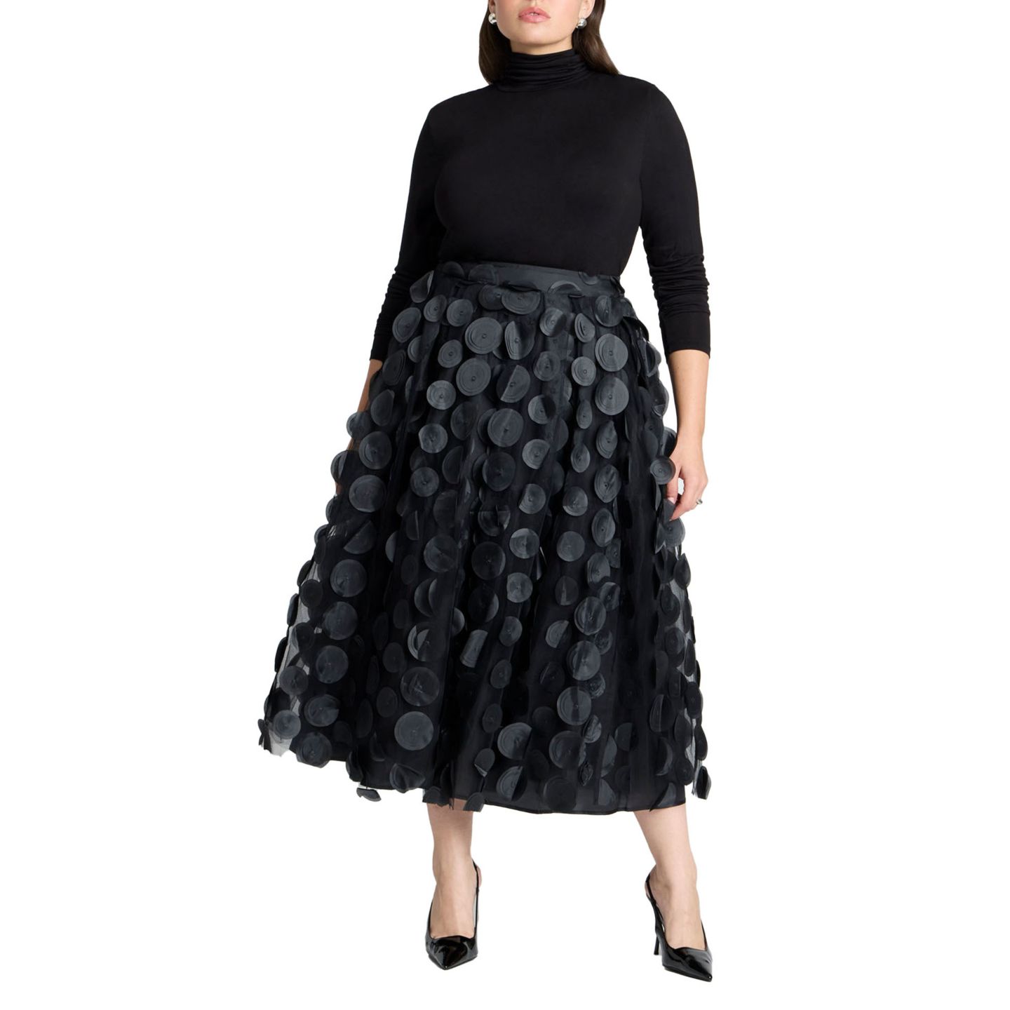 Женская юбка ELOQUII Plus Size Dimensional Dot Full, цвет: Чёрный оникс — фото 1