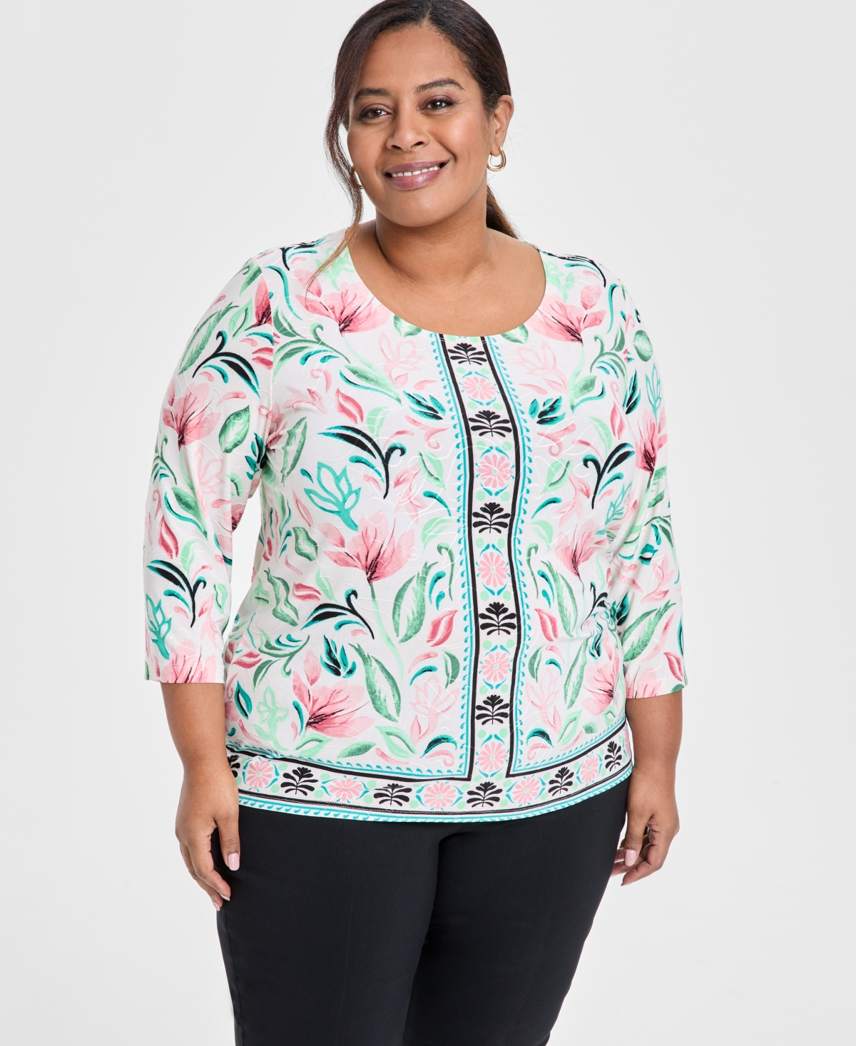 Jm Collection Plus Size Jacquard Floral-print 3/4-sleeve Top, Exclusively At Macy's In Multi