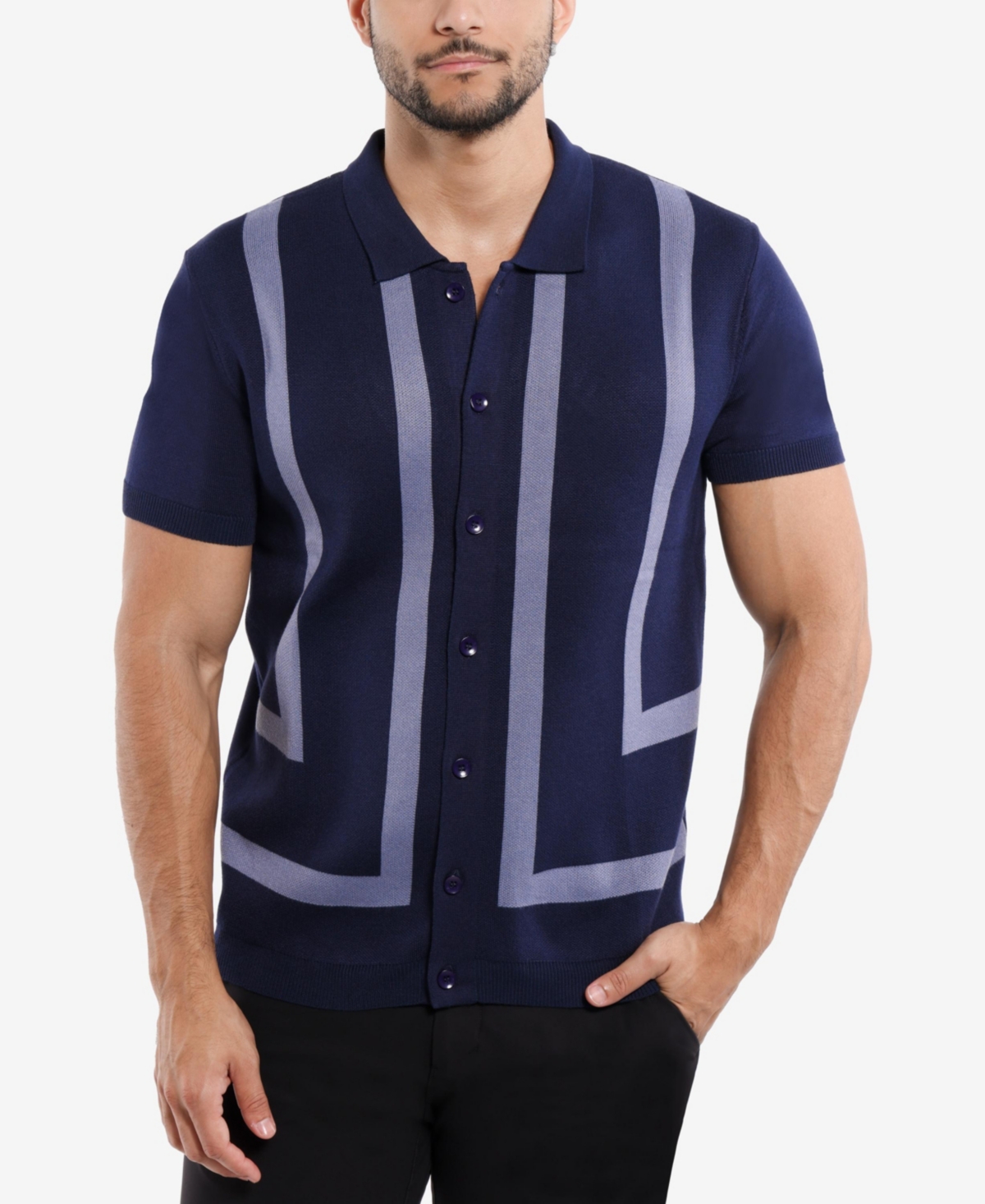 Men's Jacquard Short Sleeve Sweater Polo - Navy/heather slate