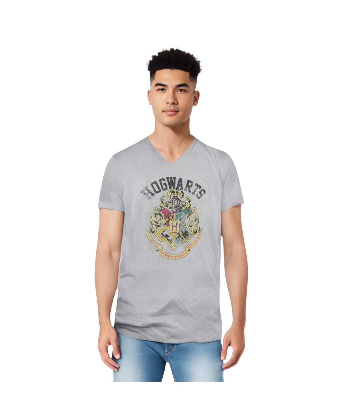 Mens Hogwarts Crest Short Sleeve Adult V Neck Premium Cotton Tee / T-Shirt - Medium grey