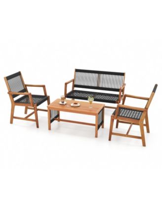 4 Pieces Conversation Set Acacia Wood Loveseat Chair & Table for Patio