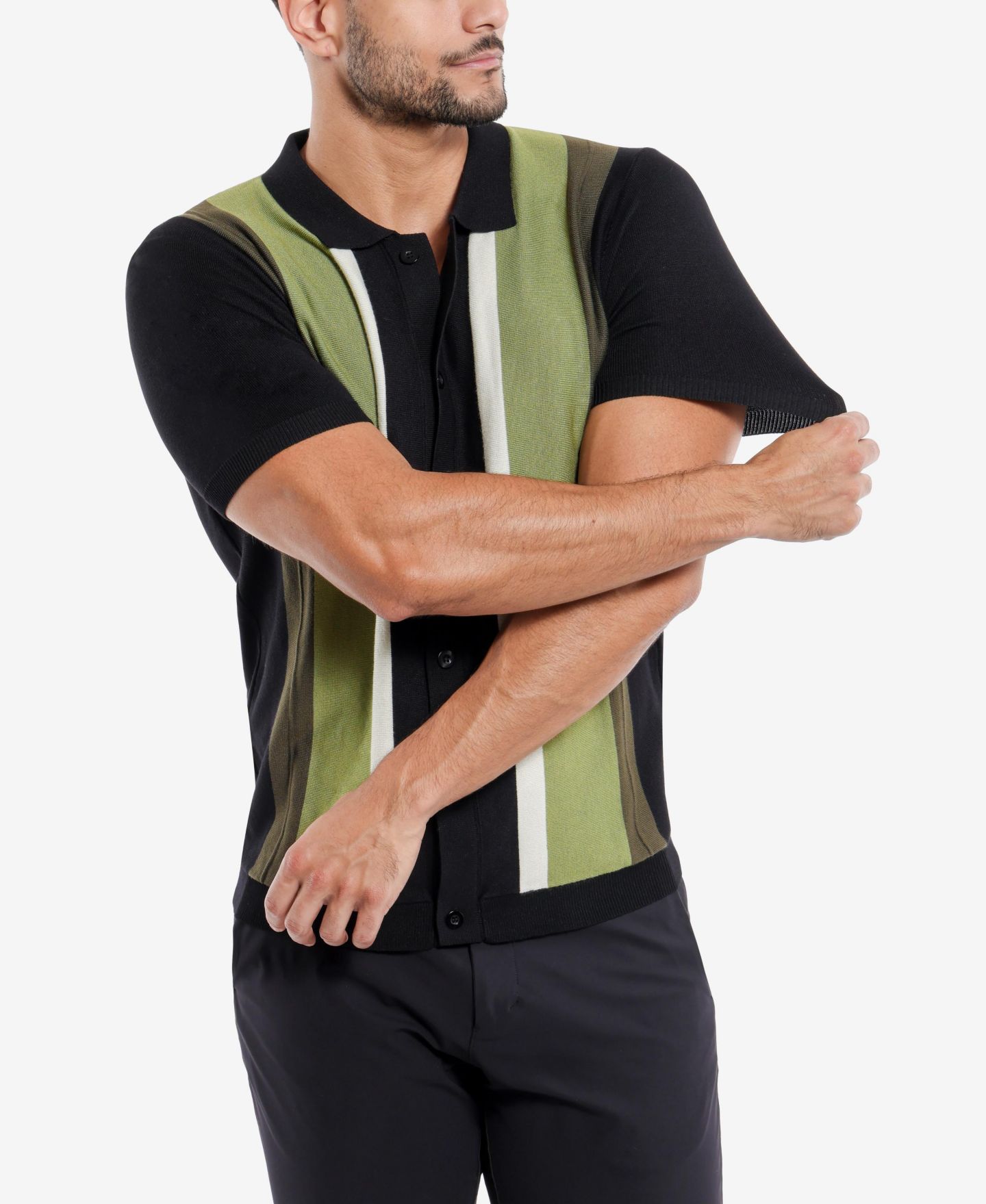 Мужские топы SPRING + MERCER Stripe Short Sleeve Sweater Polo, цвет: Чёрный / Оливковый — фото 3