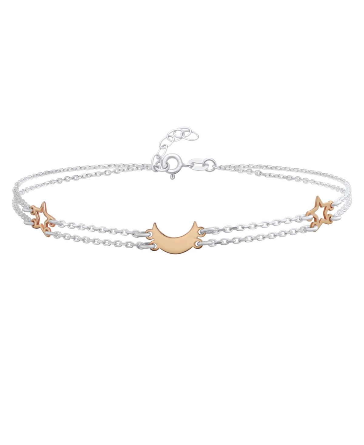 Double Chain Moon Stars Anklet Ankle Bracelet Rose Gold Sterling Silver - Silver