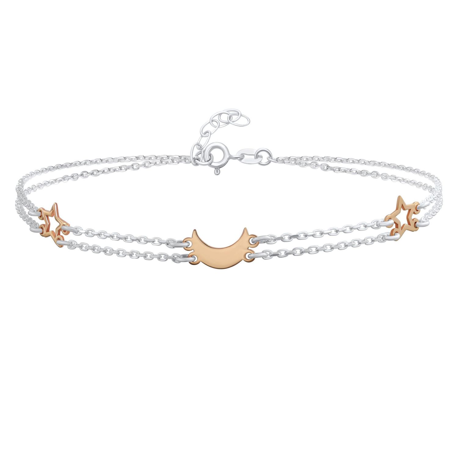 Moon and Stars Anklet Charm Bracelet Double Strand Rose Gold Sterling Silver