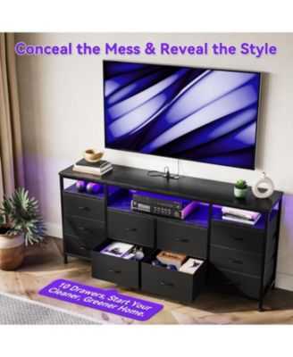 63.3 Inch Black Dresser for Bedroom, 10 Drawer Dresser TV Stand