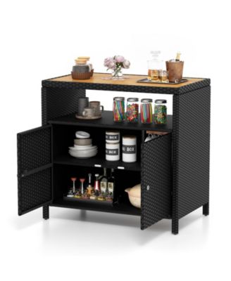 Rattan Storage Cabinet with Acacia Wood Countertop for Poolside Deck and Patio