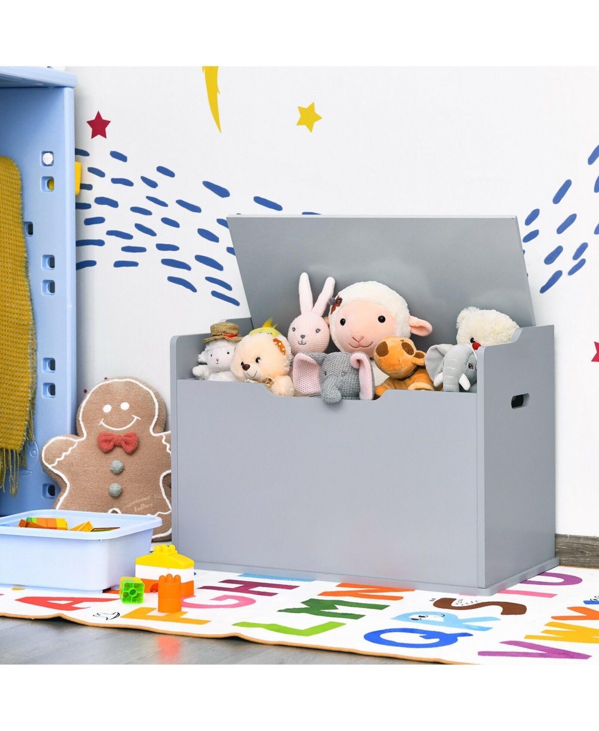 Gouun Kids Toy Wooden Flip-top Storage Box Chest Bench with Cushion Hinge