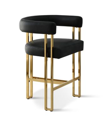 Set of 3 Faux Leather Counter Stools–Curved Armrests, Gold Legs, Modern Design for Kitchen & Bar