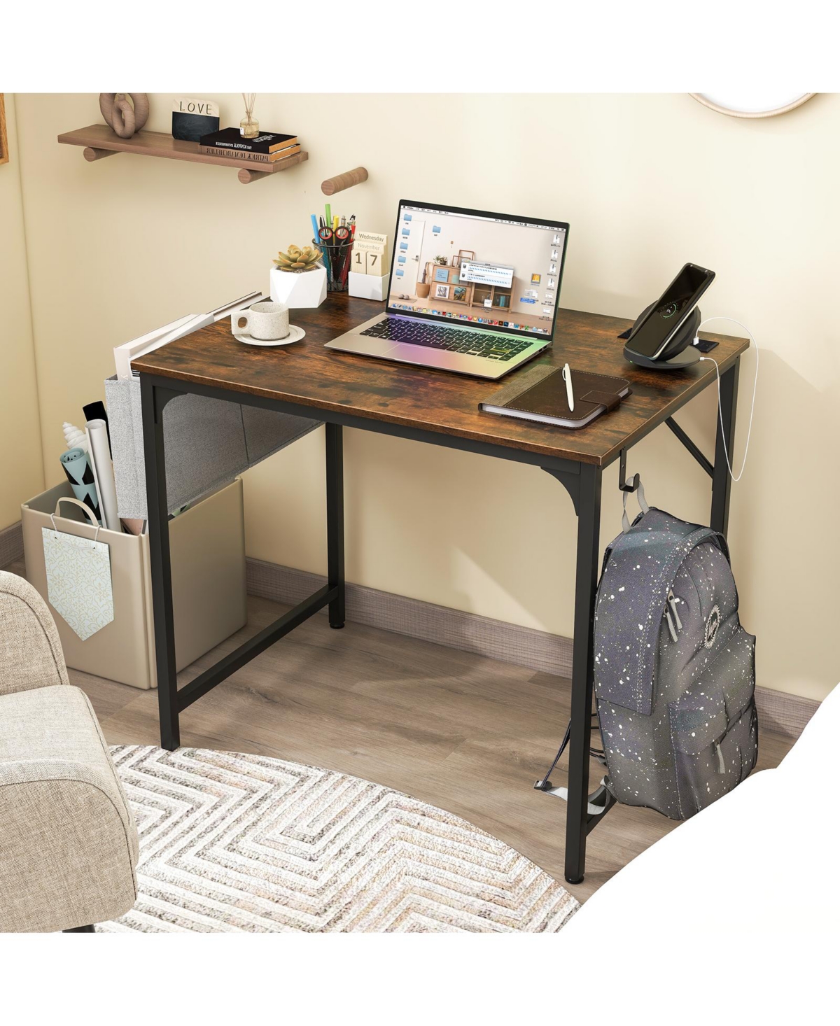 Gouun 32 Inch Home Office Desk with Charging Station Storage Bag and Headphone Hook