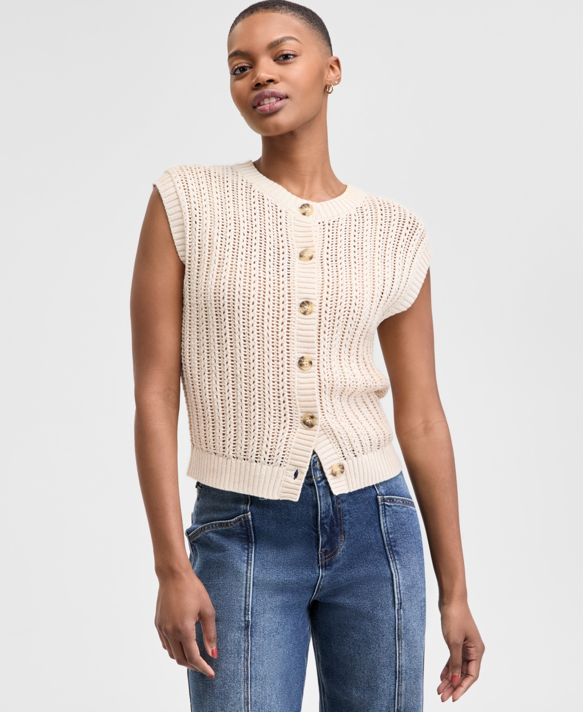 Petite Open-Knit Button-Front Cardigan Sweater, Exclusively at Macy's - Cream