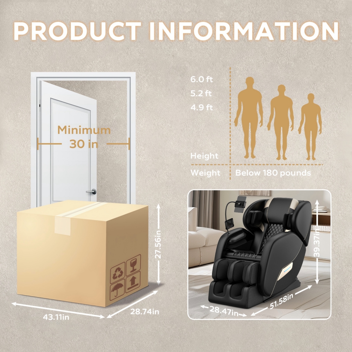 Full Body Massage Chair, Zero Gravity Mode, Deep Tissue Massage Chair, Foot Massage, 6 Fixed Massage Roller, Bluetooth, Suitable for 6.1 Ft Height