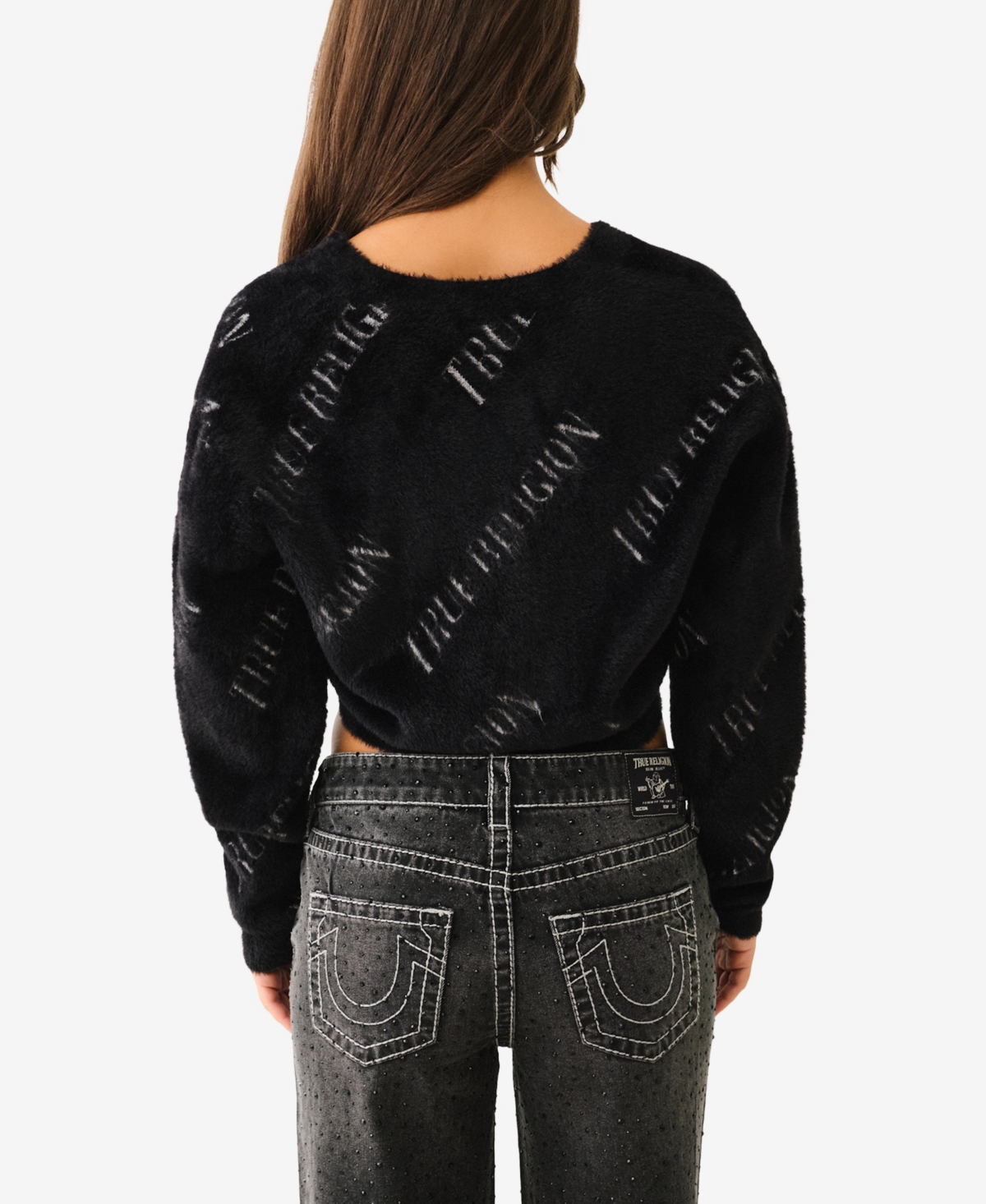 TRUE RELIGION WOMEN'S FUZZY LOGO CARDIGAN SWEATER 