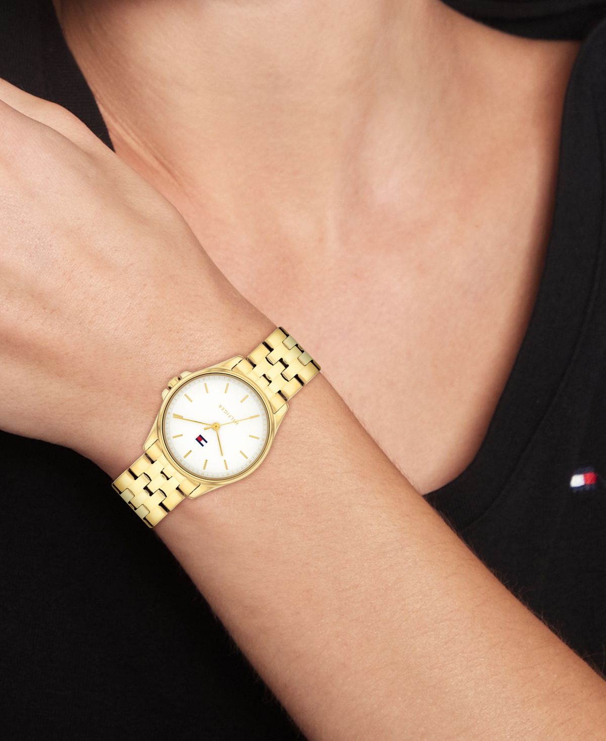 Shop Tommy Hilfiger Women's Quartz Gold Tone Stainless Steel Bracelet Watch, 30mm In White