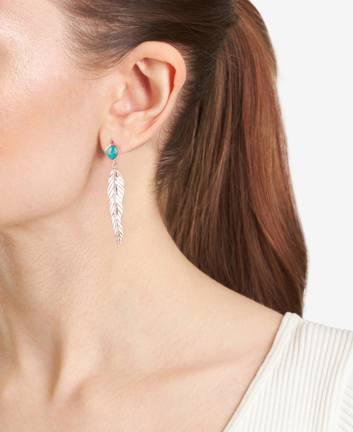 Macy's Turquoise & Feather Linear Drop Earrings In Sterling Silver In Turquoise