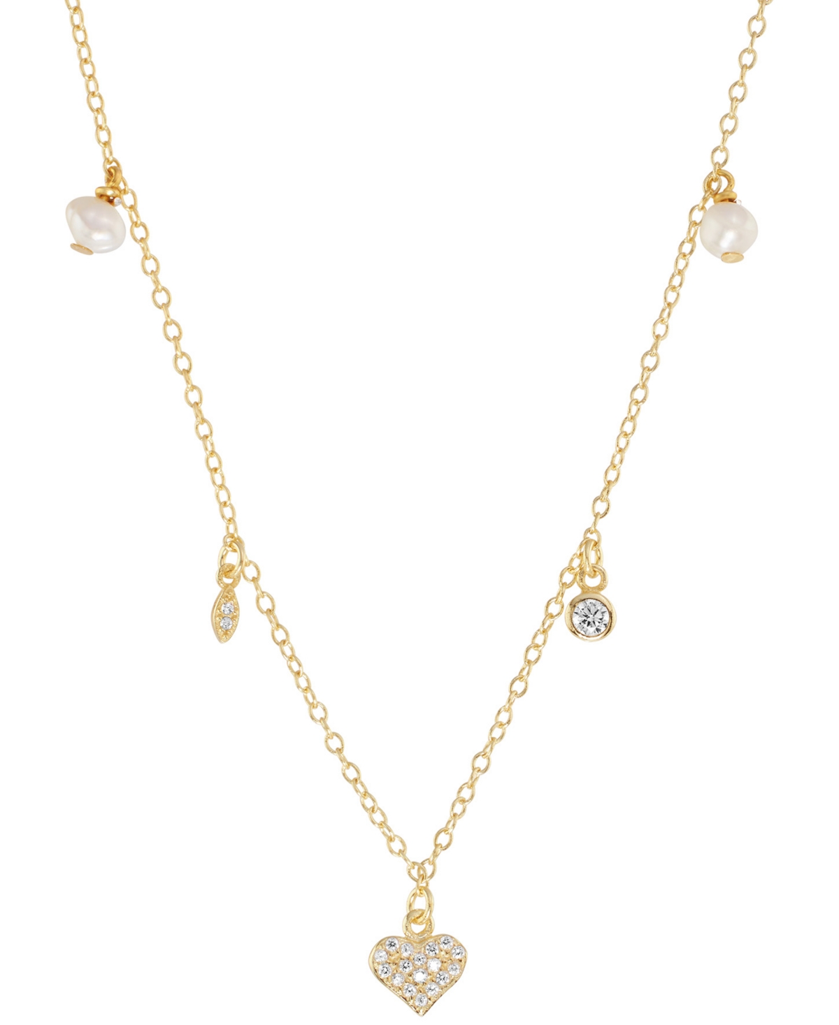 MACY'S FRESHWATER PEARL (4MM) & CUBIC ZIRCONIA HEART & BEZEL DANGLE COLLAR NECKLACE IN STERLING SILVER, 16" 