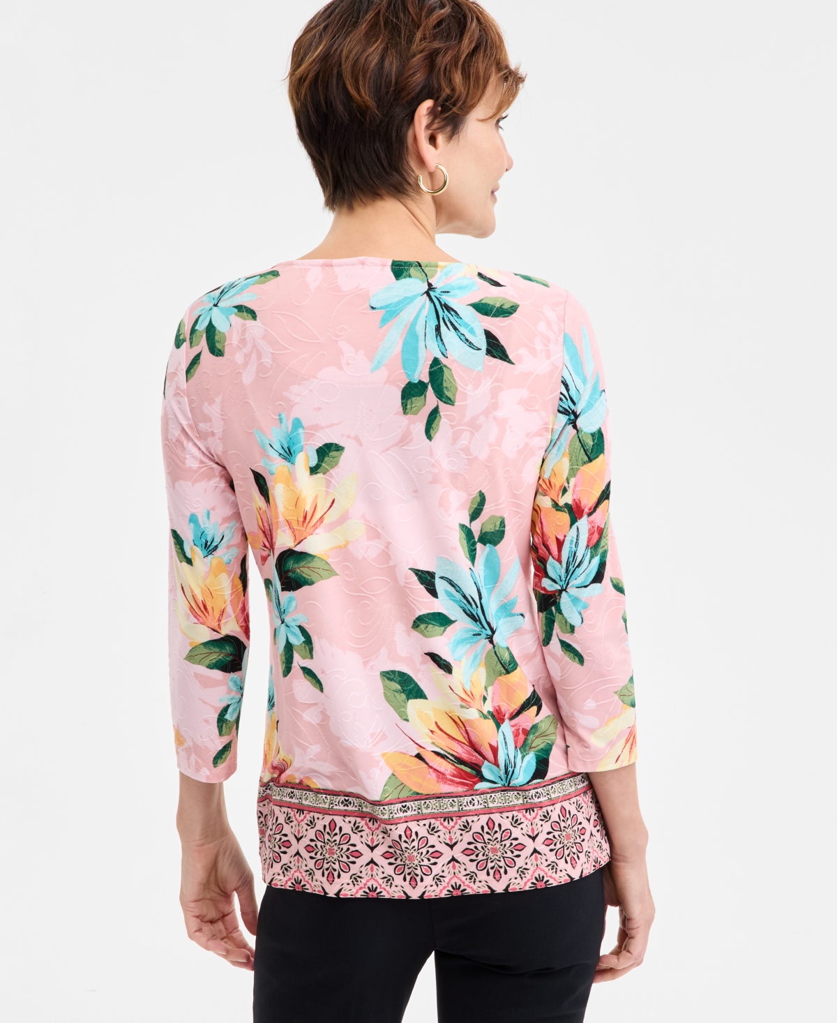 JM COLLECTION PETITE 3/4-SLEEVE JACQUARD TOP, EXCLUSIVELY AT MACY'S 