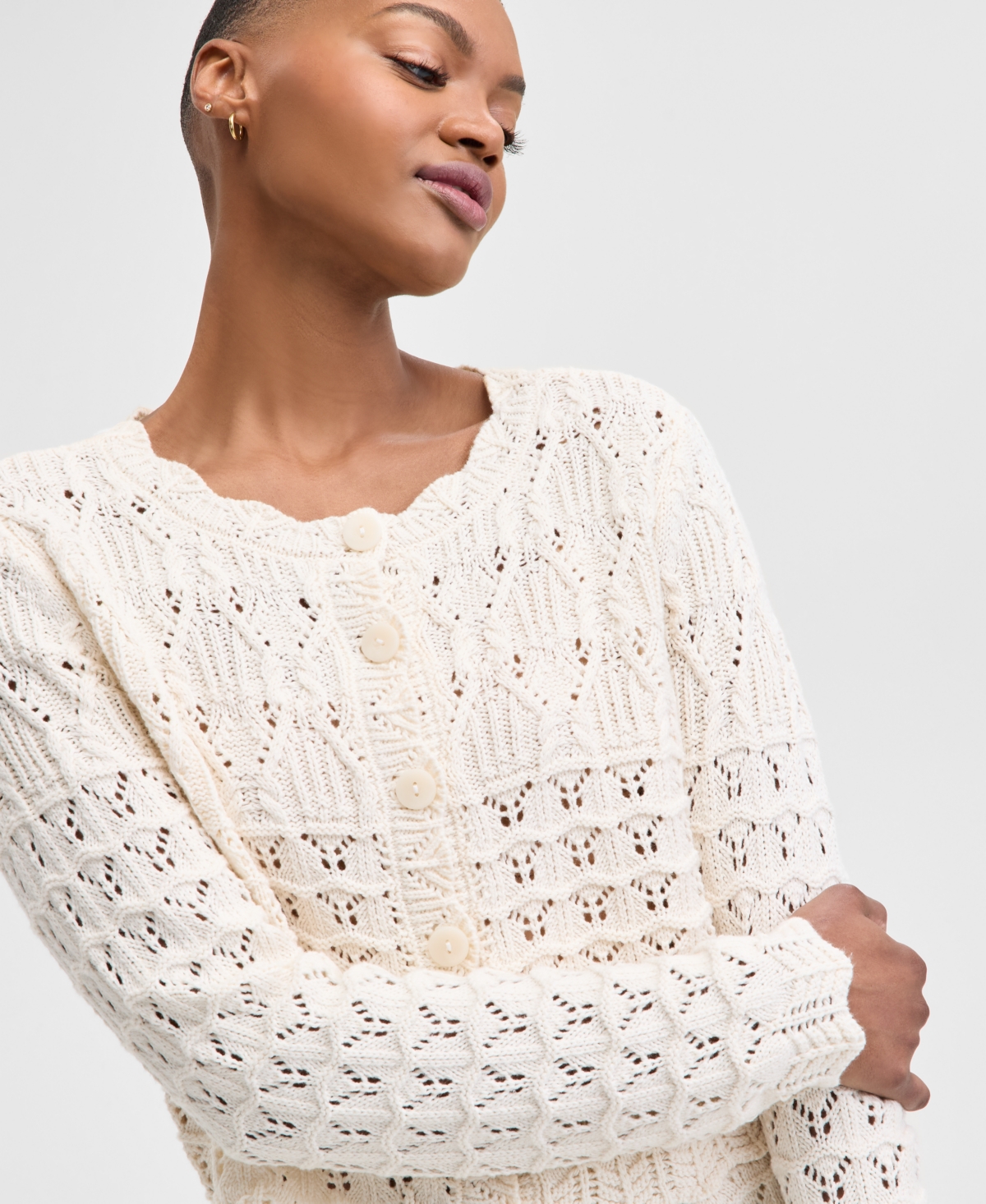 And Now This Women's Petite Patchwork Button-down Crochet-knit Cardigan Sweater, Exclusively At Macy's In Cream