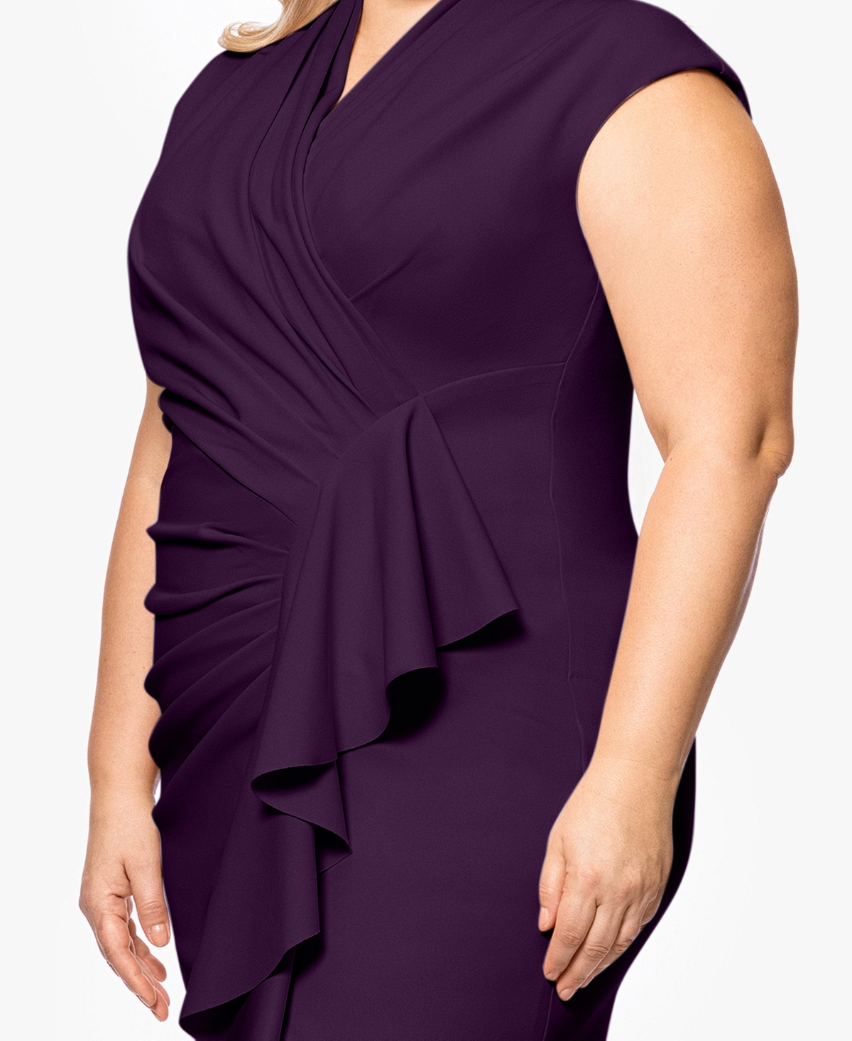 BETSY & ADAM PLUS SIZE CASCADING RUFFLE WRAP GOWN 