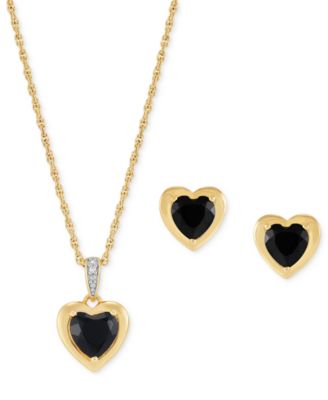 Macy's - 2-Pc. Set Onyx & Diamond Accent Heart Pendant Necklace & Complementing Stud Earrings in 14k Gold-Plated Sterling Silver