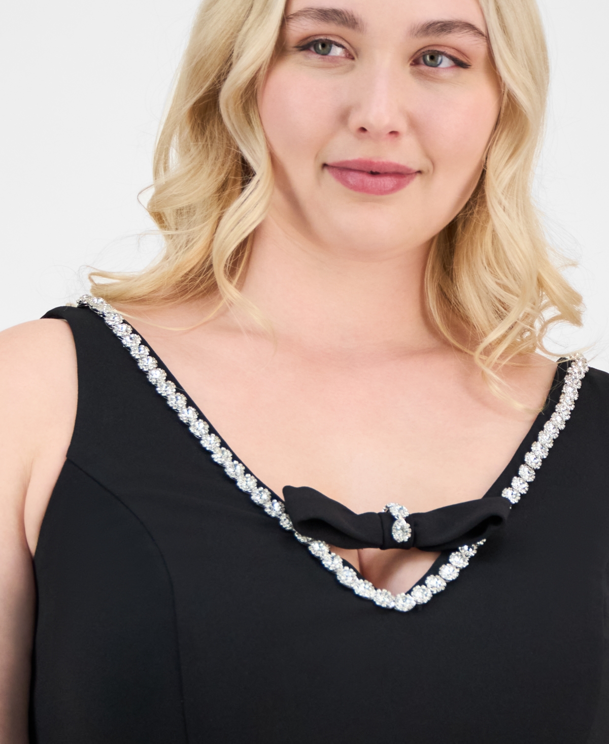 City Studios Trendy Plus Size Rhinestone-trim V-neck Sleeveless Gown In Black