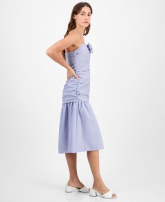 Juniors' Striped Rosette-Trim Dropped-Waist Midi Dress