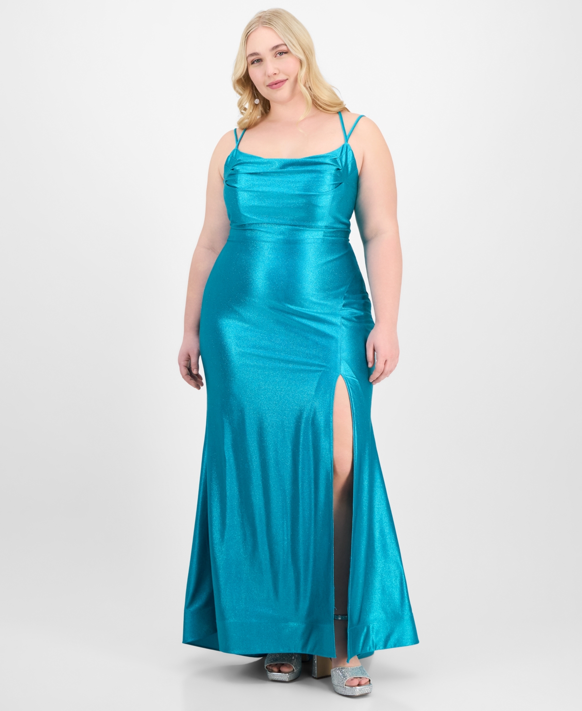 Trendy Plus Size Glitter Lace-Up Sleeveless Gown, Created for Macy's - Turq/aqua