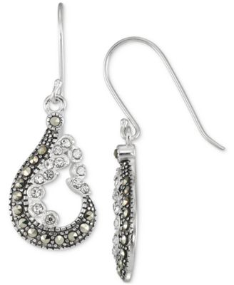 Marcasite & Crystal Pear-Shape Drop Earrings in Sterling Silver
