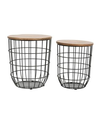 Global Archive Nested Storage Solid Wood and Metal Basket End Tables (Set of 2