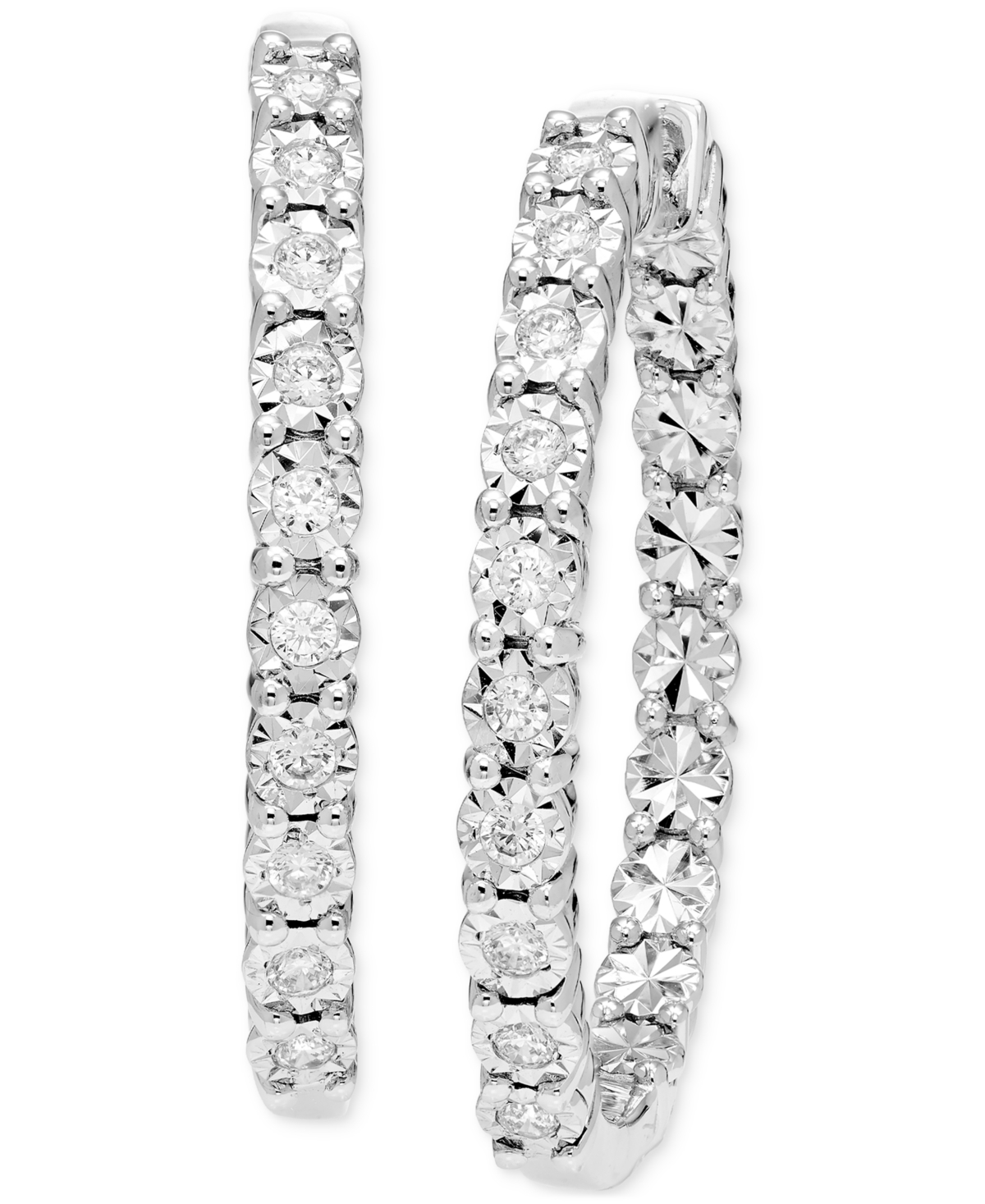 Macy's Diamond Sunray Textured Medium Hoop Earrings (1/2 Ct. T.w.) In Sterling Silver. 1.3" In Sterling S