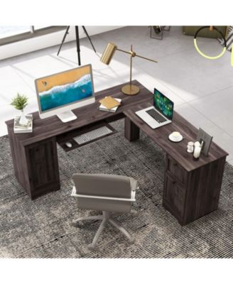 L-Shaped Office Desk with Storage Drawers and Keyboard Tray