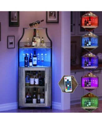 Corner Bar Cabinet: 5-tier industrial design with LED lights, glass holder, and adjustable shelves for liquor, wine, coffee