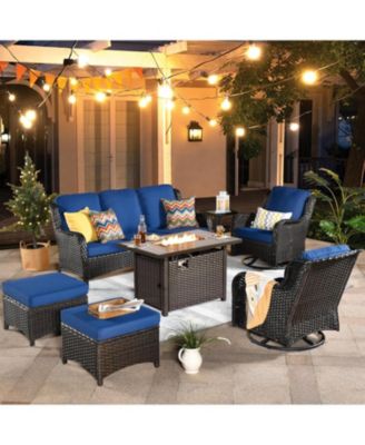 Outdoor Swivel Rocking Chairs Set, Patio Furniture Set with 50,000 BTU Rectangular Propane Fire Pit Table, 7 Pieces High Back Conversation Sofa and Side Table